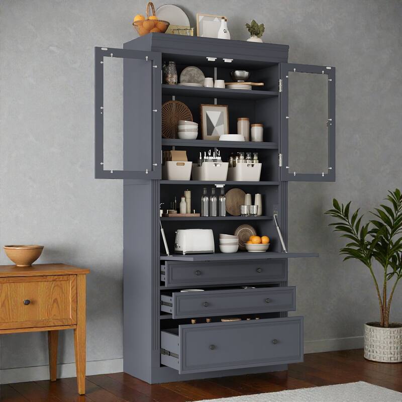78" Freestanding Kitchen Pantry Cabinet with 3 Drawers, Glass Doors, Adjustable Shelves and Built-In Power Outlet