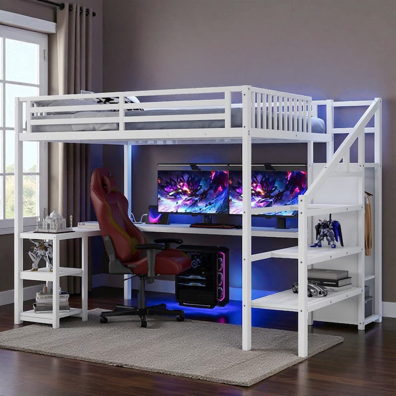 Metal Queen Loft Bed with Wardrobe, L-Shaped Desk, USB Charging Ports and LED Light, Space-Saving Loft Bed for Adults and Teens