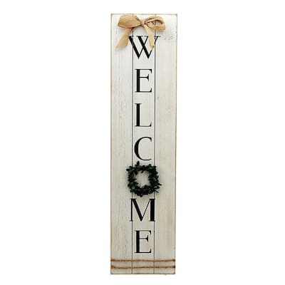 Vertical Wooden Welcome Sign Plaque with Wreath for Front Door