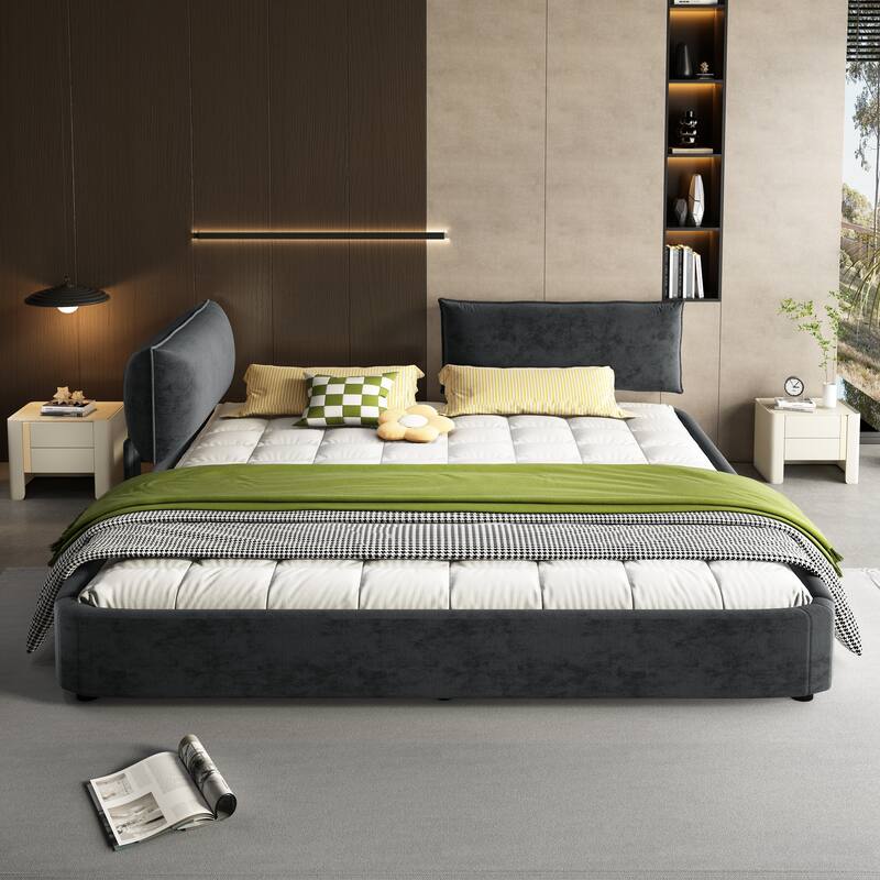 Low Profile King Size Cloud Bed Frame with Movable Headboard, Chenille Platform Bed with Metal/Solid Wood Slat Double Support