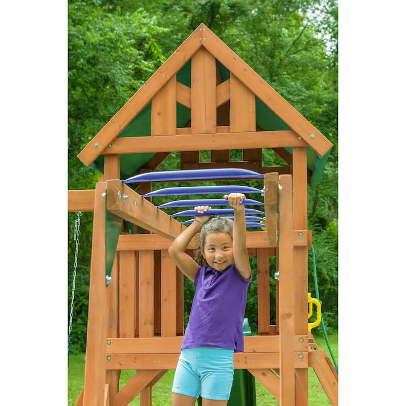 Mountain View Swing Set with Tarp Roof, Climbing Wall, Monkey Bars