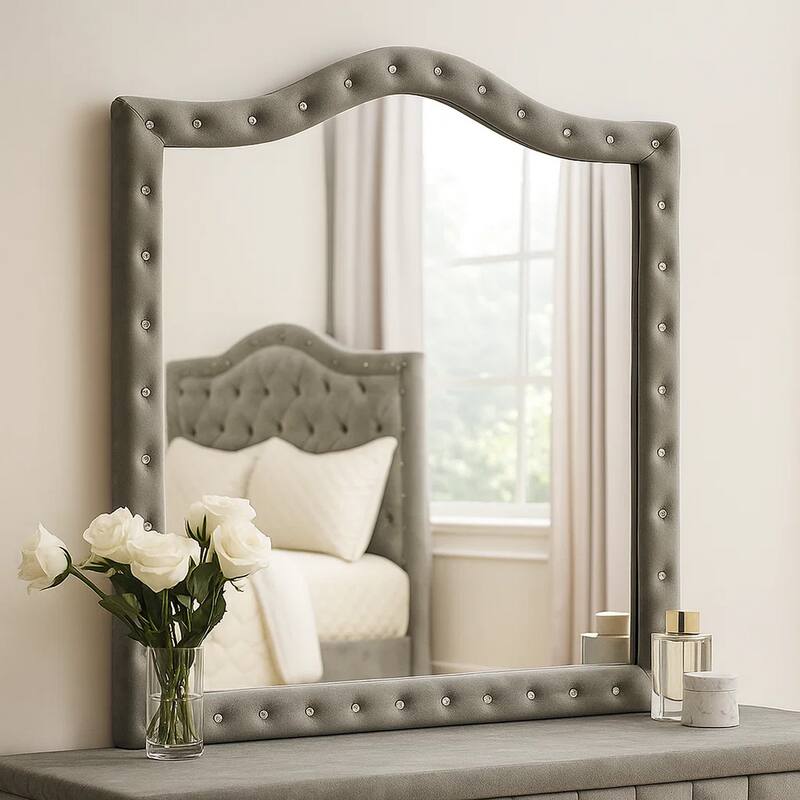 Rea Dresser Vanity Mirror, Crystal Tufted Gray Velvet Upholstery Arched Frame