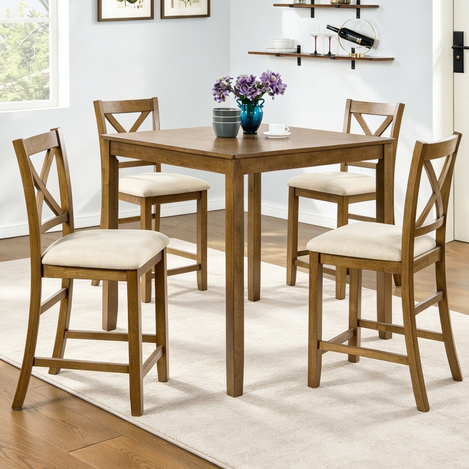 GDFStudio - Montara 5-Piece Farmhouse Dining Set, Wooden Square Counter Height Dining Table with 4 Upholstered Chairs