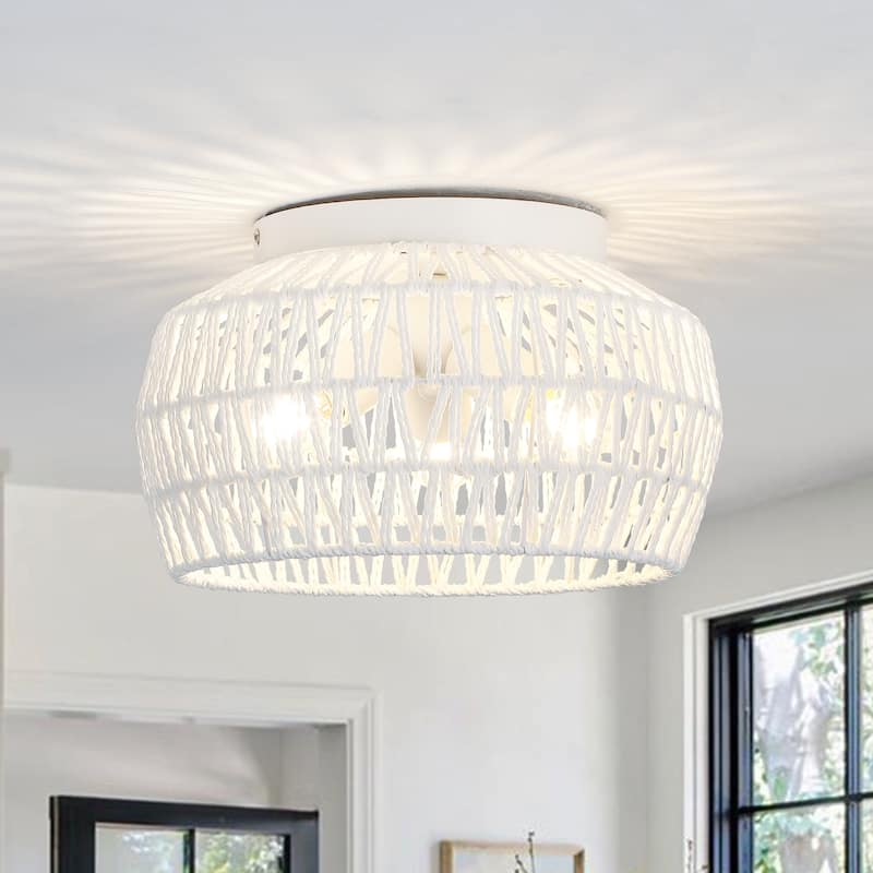3-Light Rattan Semi Flush Mount Chandelier for Hallway Entryway Dining Room - White