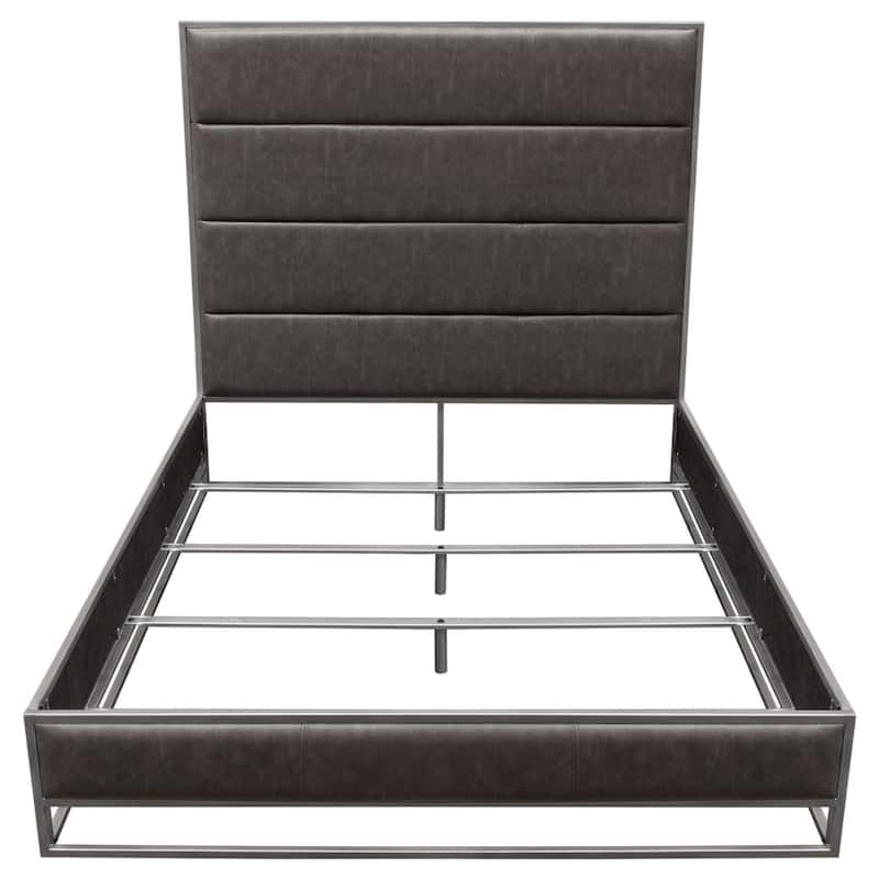 Chek Queen Size Bed, Gray Faux Leather Upholstery w Silver Metal Frame