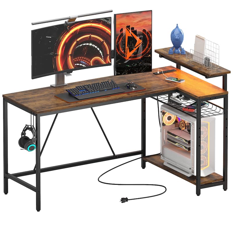 Reversible L Shaped Desk LED Computer Desk with Power Outlets and Monitor Stand Office Desk - 58 inches x 32 inches - Rustic Brown