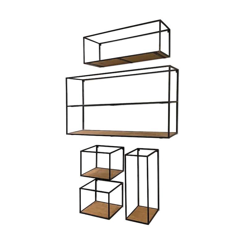 Riaz Black Metal And Brown Wood Cube Shelves (Set of 5) - Medium Brown