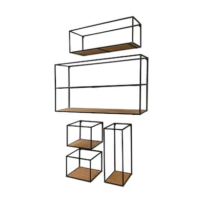 Riaz Black Metal And Brown Wood Cube Shelves (Set of 5)