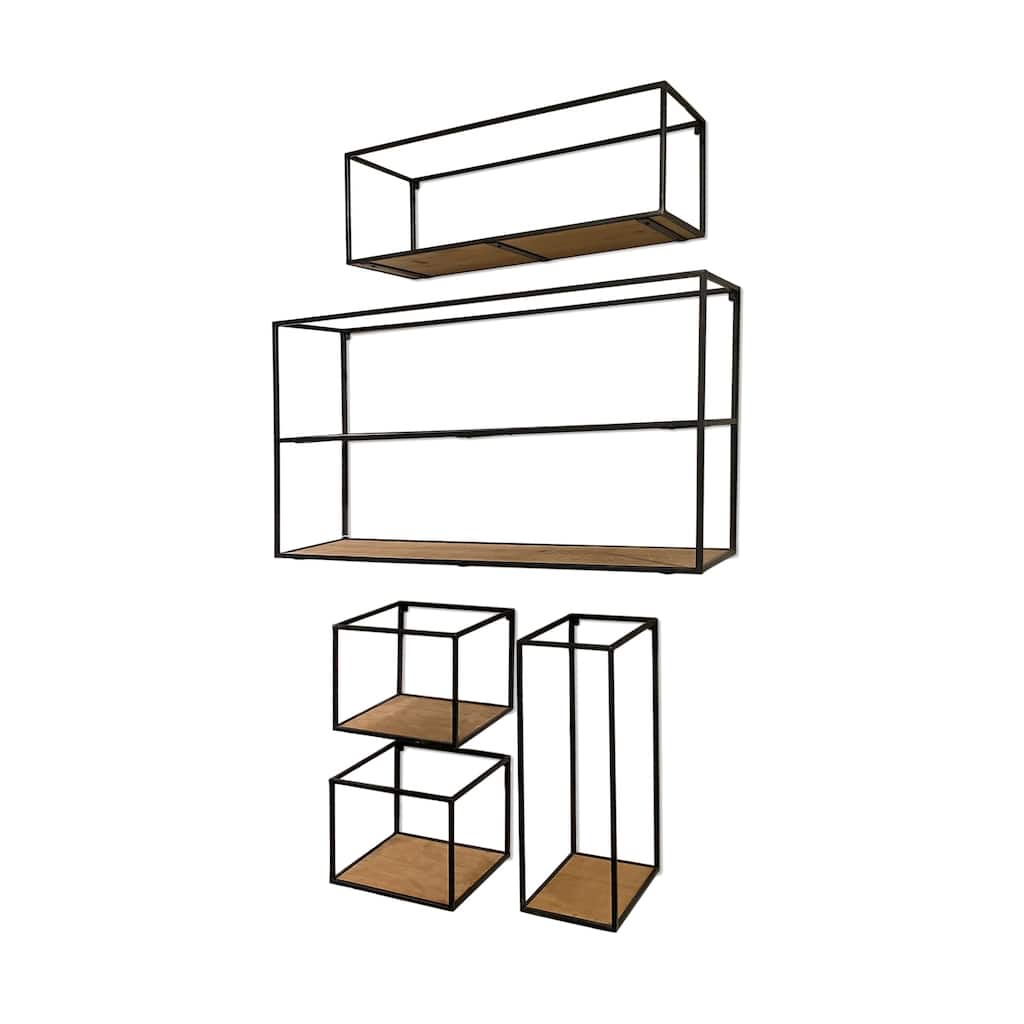 Riaz Black Metal And Brown Wood Cube Shelves (Set of 5)