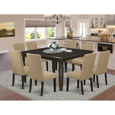 HomeStock 9-Piece Square Cappuccino Finish Solid Wood Top Dining Table with 8 Parson-Chairs with Butterfly Leaf Lattice Back