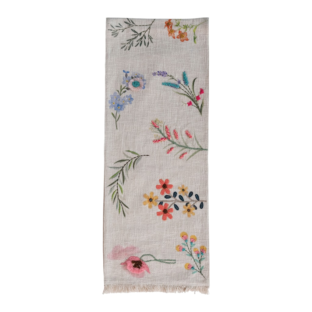 Slub Printed Table Runner with Flowers, Embroidery, and Fringe - 72.0"L x 14.0"W x 0.3"H - 72.0"L x 14.0"W x 0.3"H