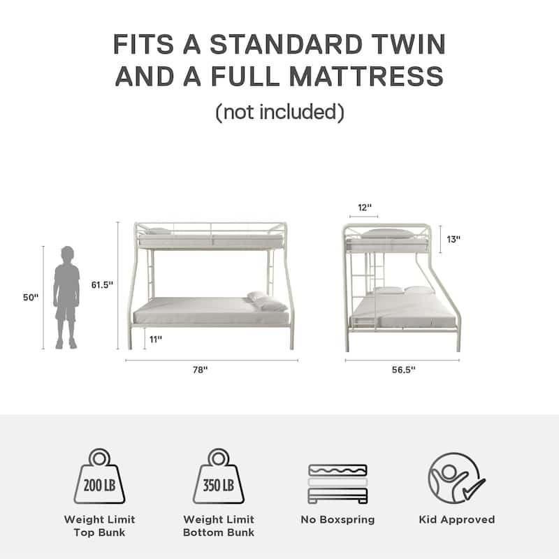 Space-Saving Twin over Full Metal Bunk Bed with Safety Rails and Storage Clearance