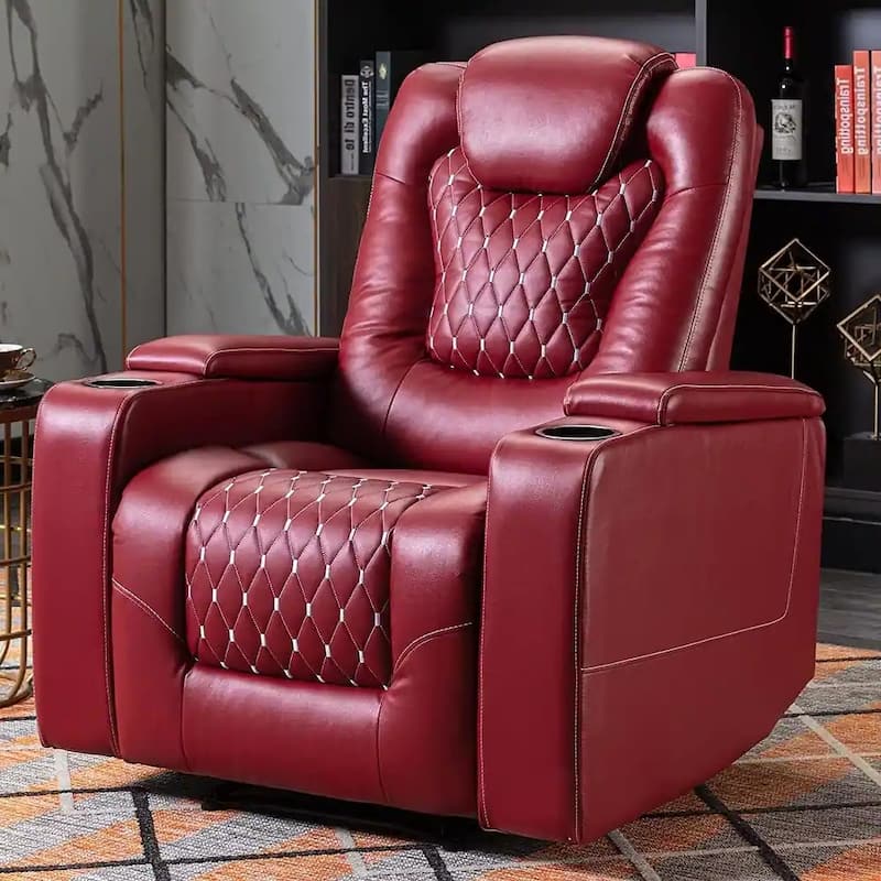 Overstuffed Electric Home Theater Seating PU Leather Reclining Furniture with Hidden Arm Storage - Red