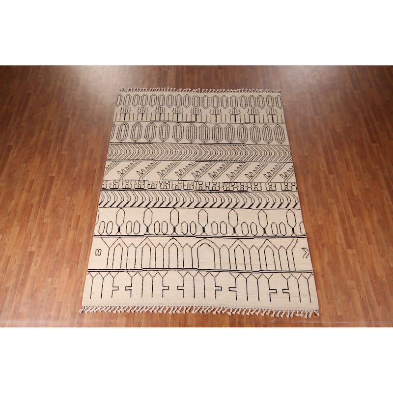 Beige Geometric Moroccan Area Rug Handmade Wool Carpet - 7'11"x 10'3"