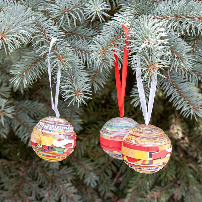 Paper Mache Ball Handcrafted Haitian Ornament, Set of 3 - N/A