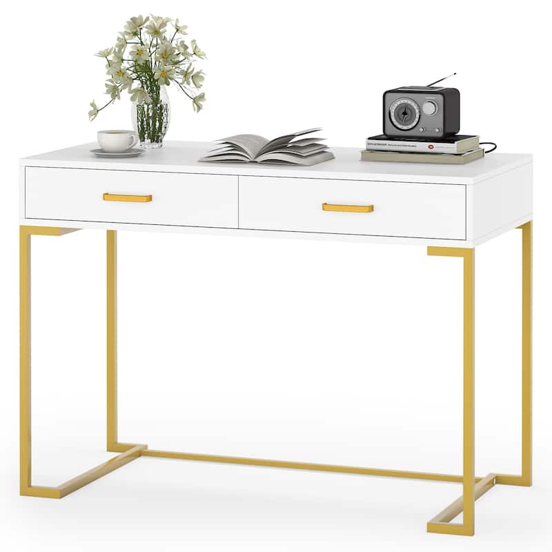 Modern Computer Desk with 2 Drawers, 39.4" Modern Simple White and Gold Writing Desk with Storage Drawers
