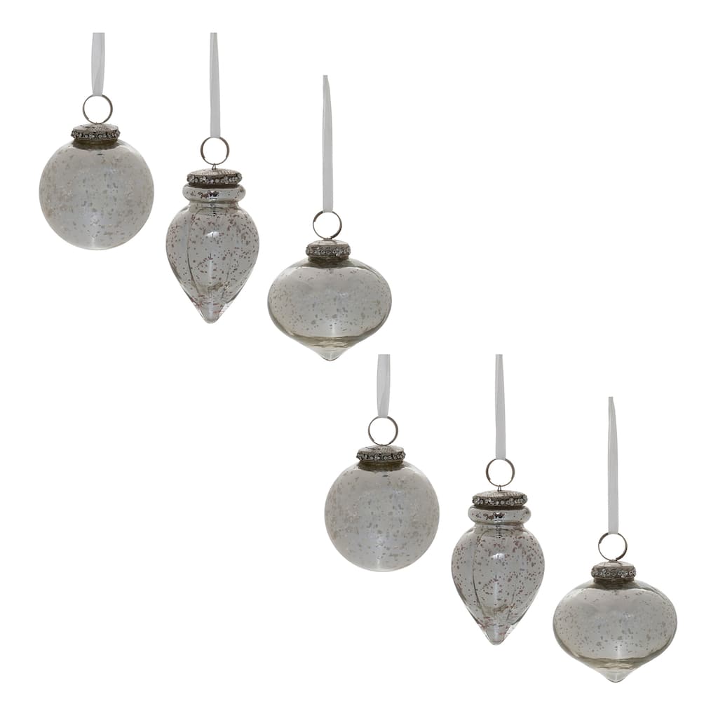 Set of 6 Grey Silver Glass Ornaments for Christmas Tree - 2.5" x 2.5" x 4"