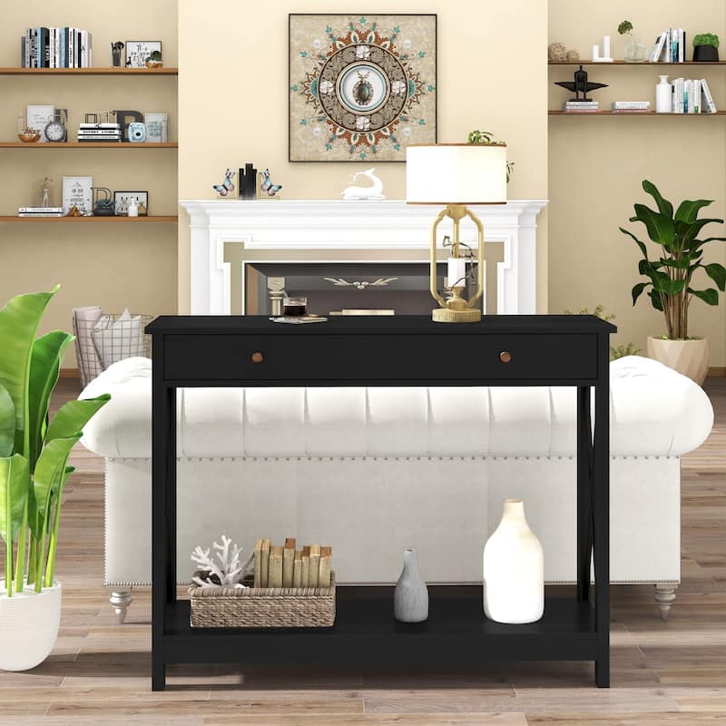 Console Table with Drawer and Storage Shelves,Foyer Entryway Sofa Table for Living Room,Hallway,Black
