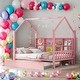 preview thumbnail 1 of 11, Full Size Wooden House Bed Kids Bed with Trundle and Shelf Pink