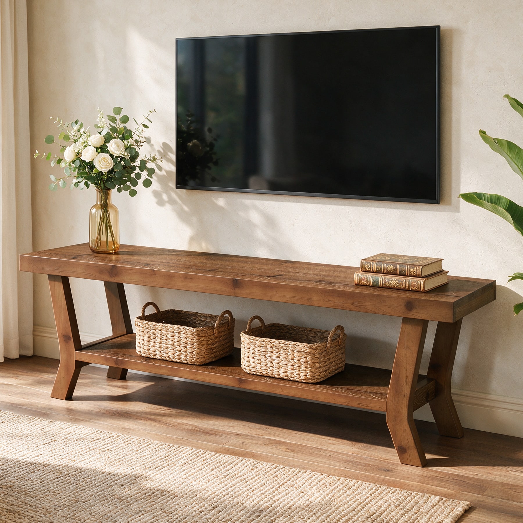 55" Solid Wood TV Stand for 55 to 65'' TVs, Industrial TV Console with Storage, Farmhouse Entertainment Center for Living Room