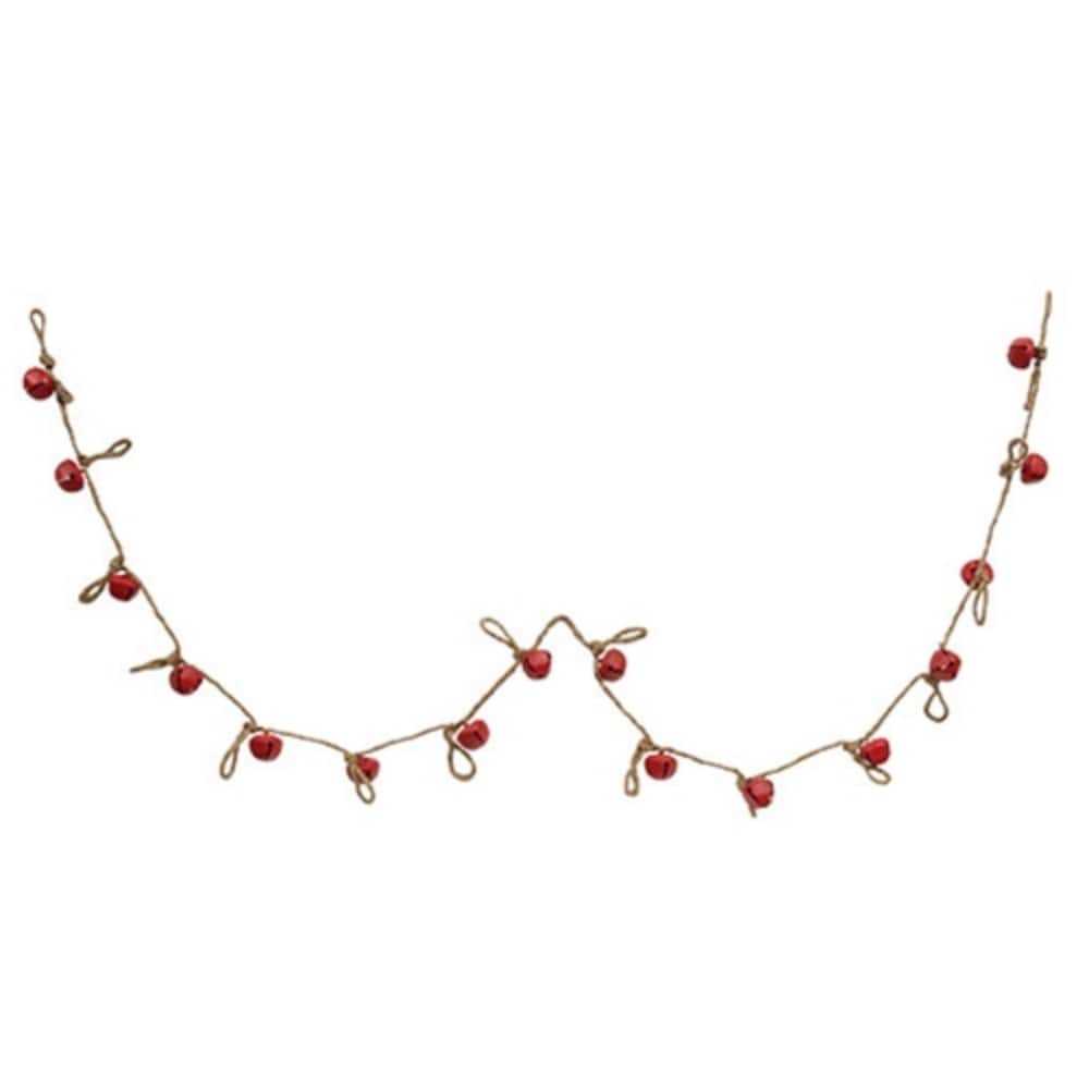 5’ Winter Bell Garland with Red Jingle Bells on Jute Rope for Rustic Holiday Decorations