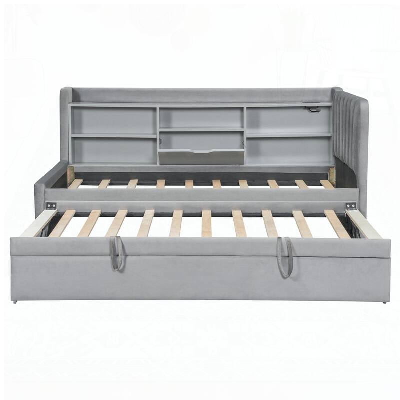 Upholstered Daybed with Trundle and Storage Shelves