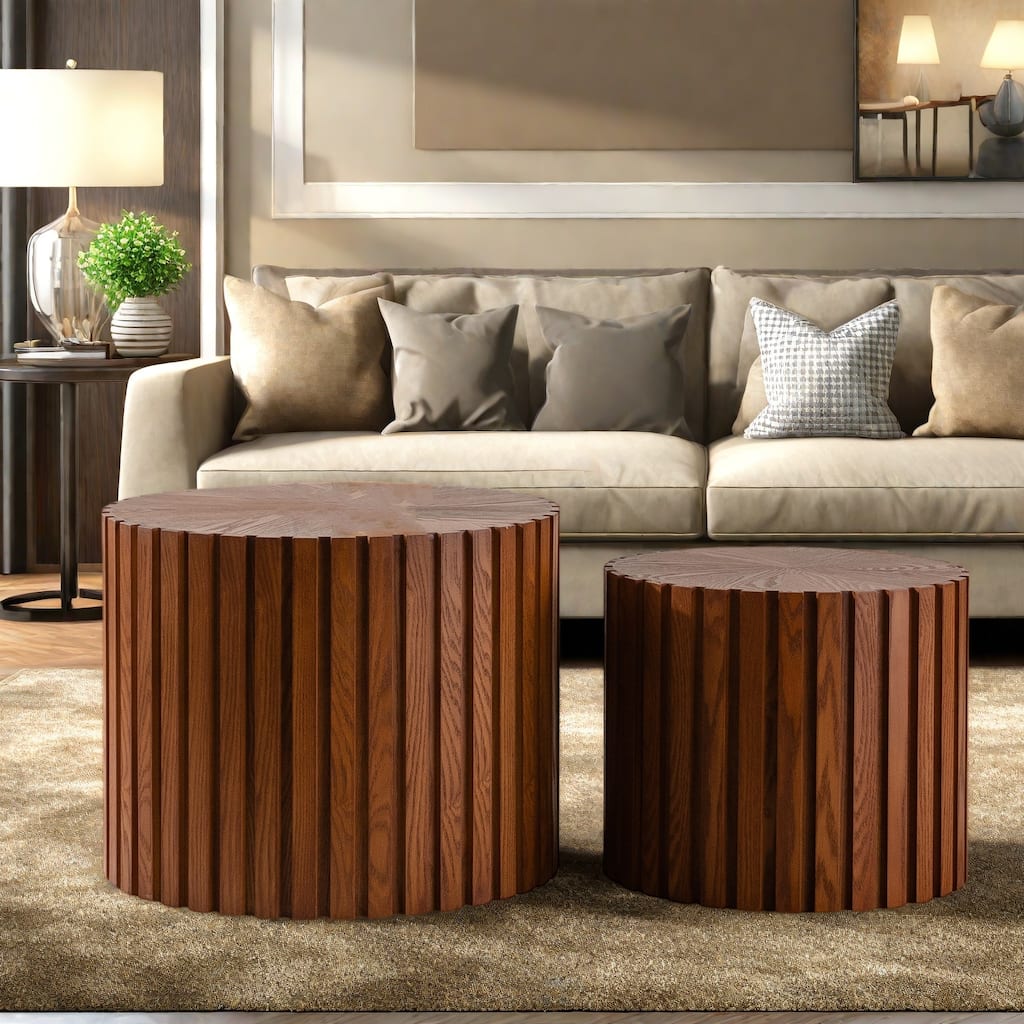 33.86" MDF Handcrafted Round Wood Coffee Table with Relief Detailing