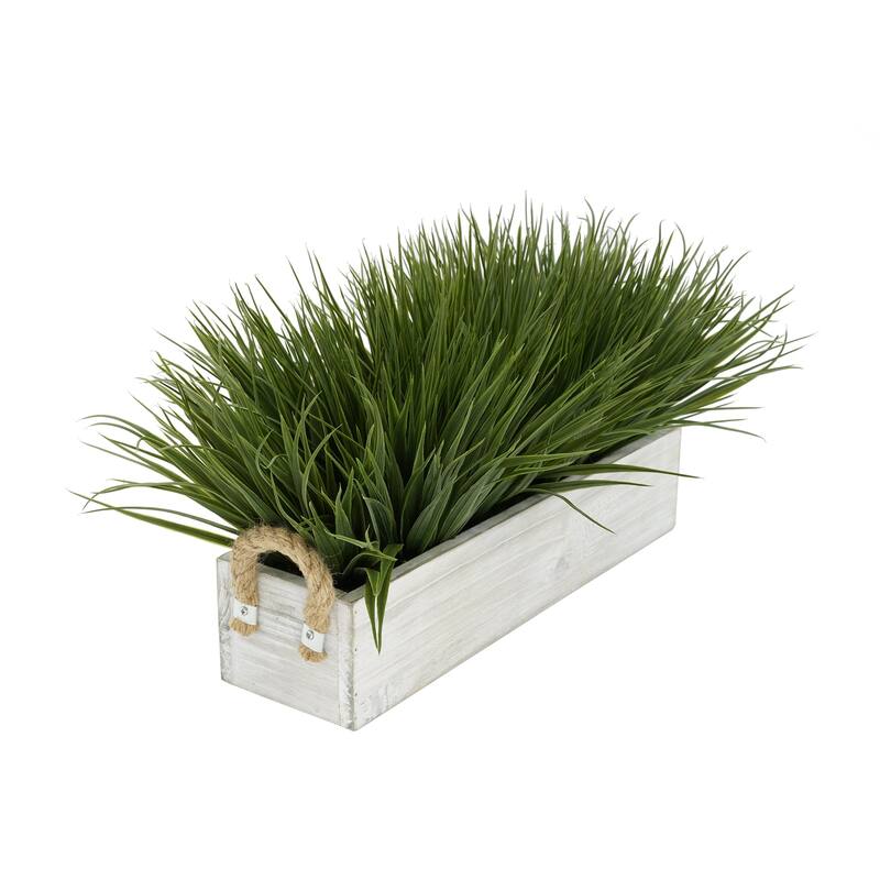 Faux Green Farm Grass in Large Washed Wood Trough with Rope Handles - Grey-Washed