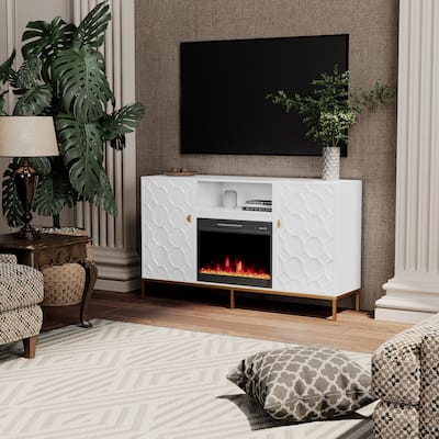 Clihome Wood Storage TV Stand with Electric Fireplace