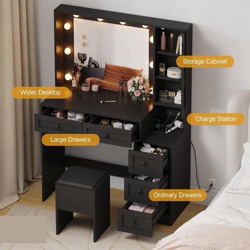 Lighted Makeup Vanity Desk with 10 LED Lights, 3 Colors, Charging Station & Stool