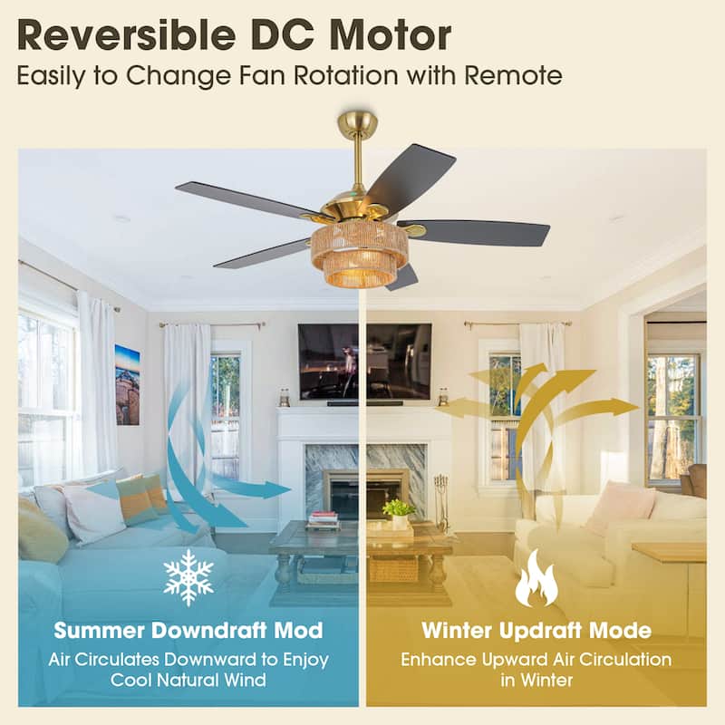 52" Farmhouse Natural Rope Reversible 5-Blade Gold Ceiling Fan with Remote