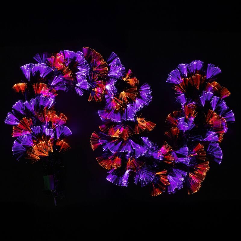 Multi Function Fiber Optic Artificial Halloween Garland - 6' x 6" - Black - Purple and Orange LED