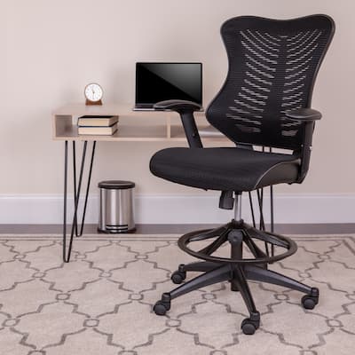 High Back Mesh Drafting Chair with LeatherSoft Sides and Adjustable Arms
