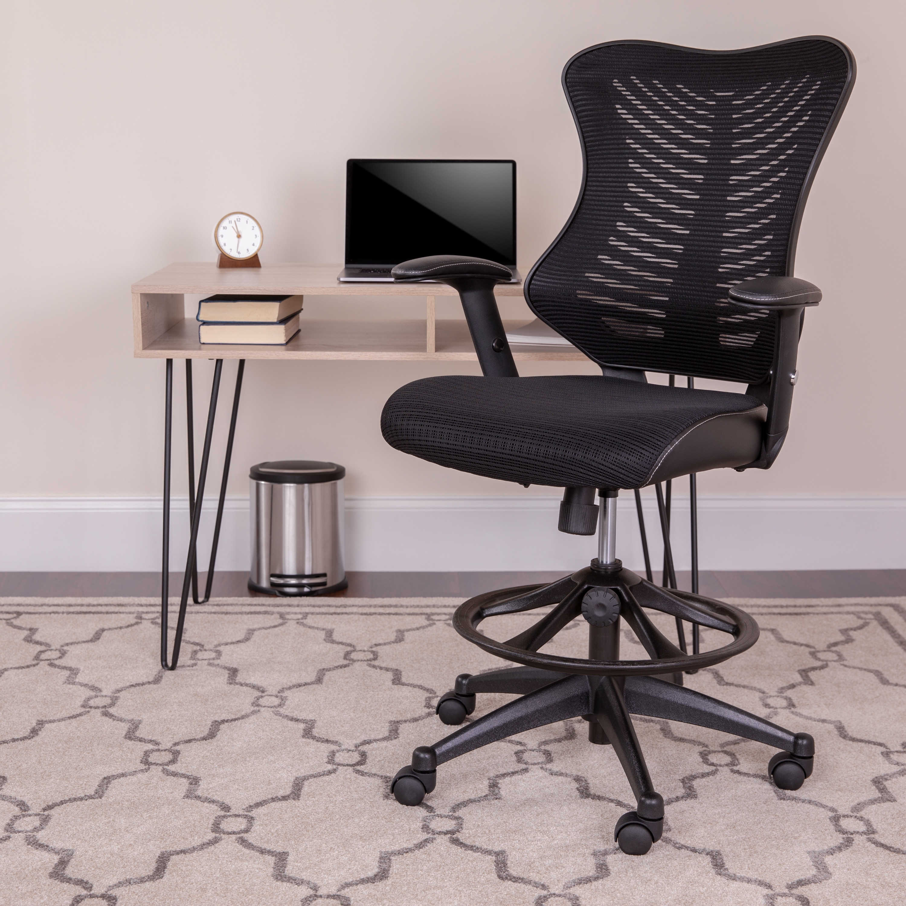 High Back Mesh Drafting Chair with LeatherSoft Sides and Adjustable Arms
