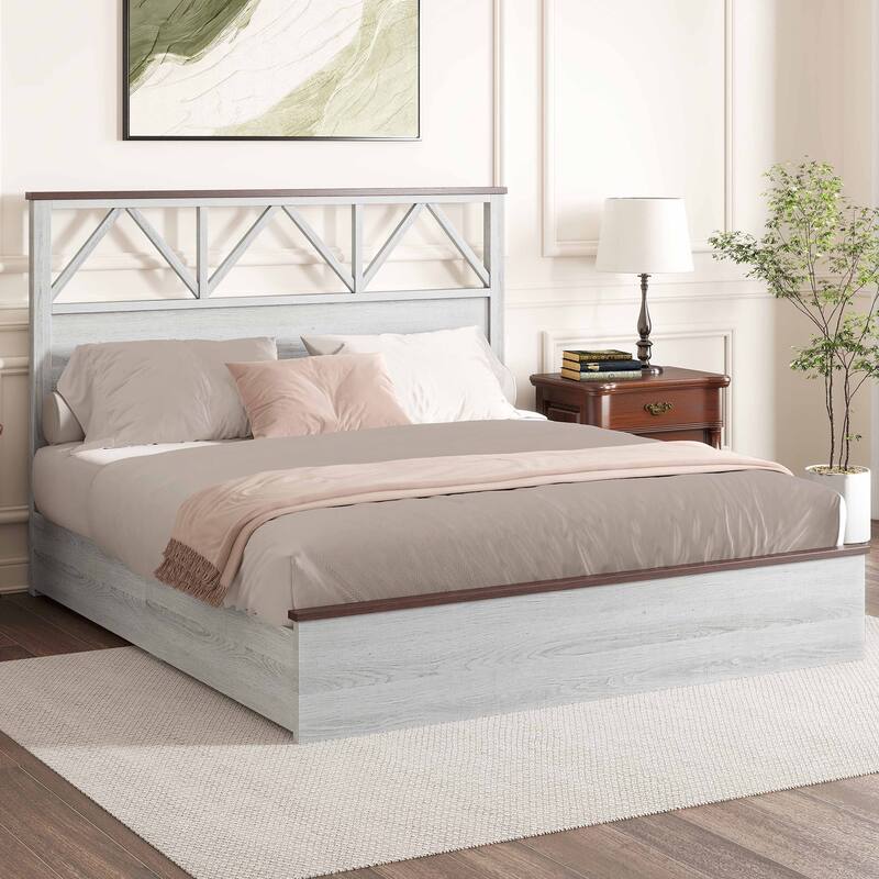 Farmhouse Bed with Headboard Platform, Ideal for Bedroom/Apartment - White - Queen