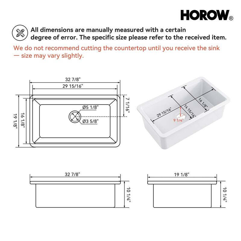 HOROW 33 in. White Ceramic Drop-In Kitchen Sink with Standard & Bottom Grid, Drain, Cutting Board
