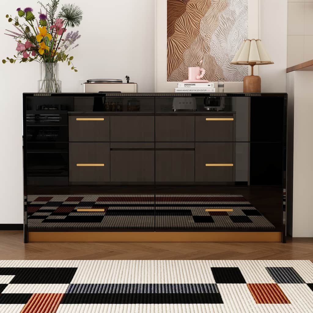 Organize with Elegance: Black and Gold 6-Drawer Dresser Glossy Chest -  Overstock - 39020196