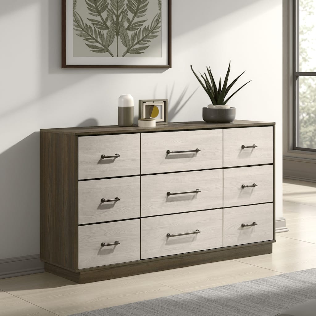 Fene Wide Dresser, 9 Storage Drawers with Nickel Bar Handles, Gray