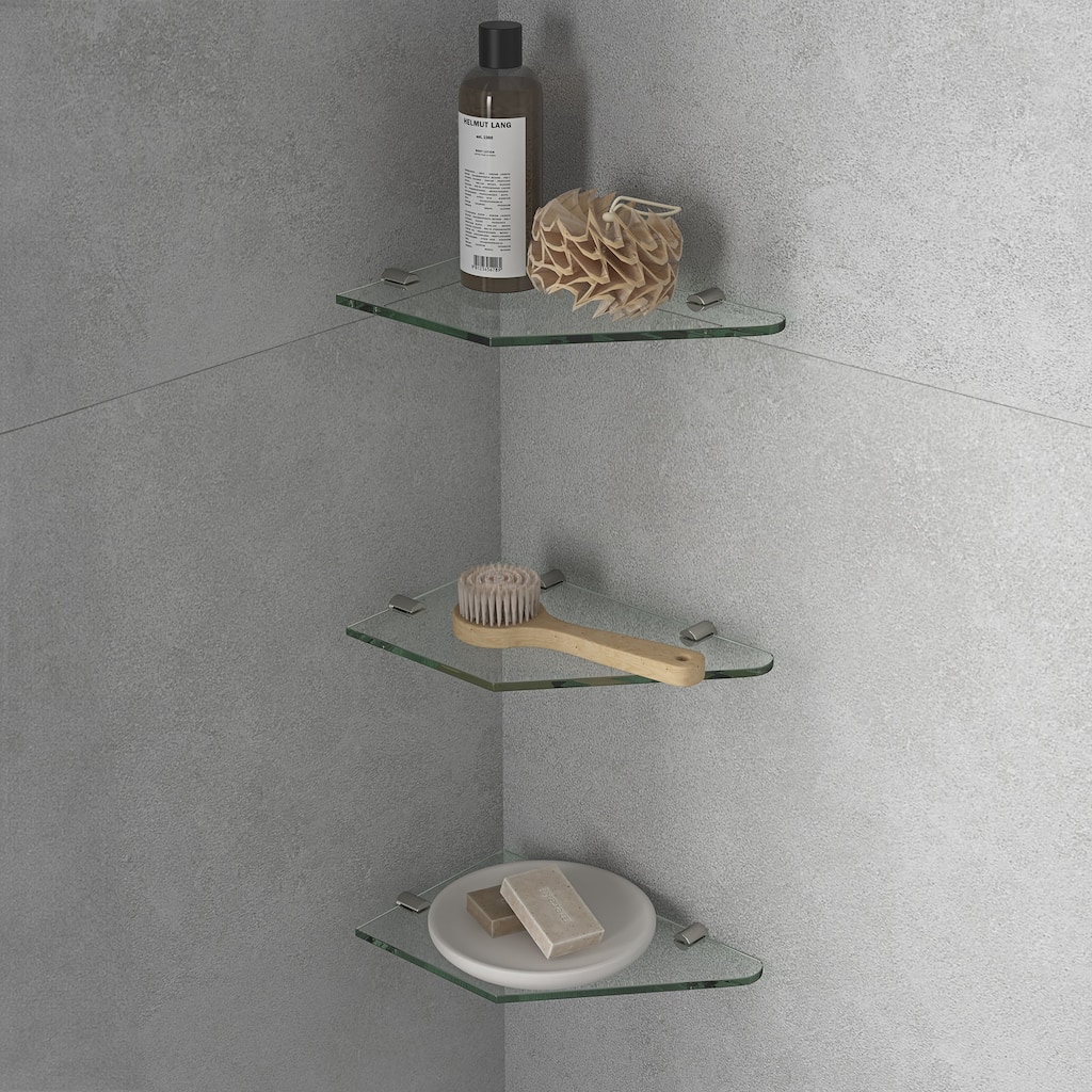 OVE Decors Bella 3-Pack Tempered Glass Corner Shelves with Stainless Steel Wall Mounted Satin Nickel Finish for Bathroom