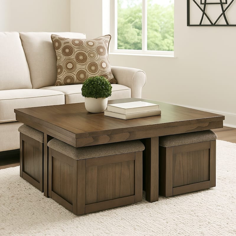 Olaf Coffee Table and 4 Nesting Stools Set, Brown Wood, Polyester Top