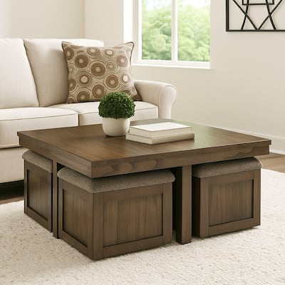 Olaf Coffee Table and 4 Nesting Stools Set, Brown Wood, Polyester Top