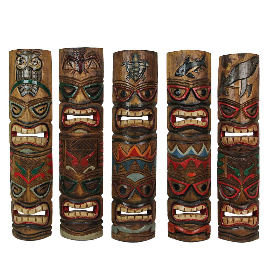 Zeckos 24 Inch Double Tiki Mask Carved Wood Wall Sculptures (Set Of 5)