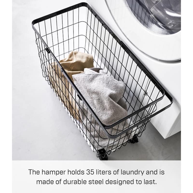 Yamazaki Home Rolling Wire Basket, Steel, 9.8 gallons, 35 liters, Holds 11 lbs - L 9.8 x W 21.5 x H 14.8 inches