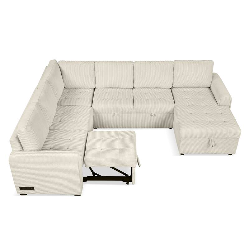 Convertible Sectional Sleeper Sofa with Pull Out Bed, Storage Chaise & Charging Devices, Oversized Corduroy U-Shaped Cloud Sofa