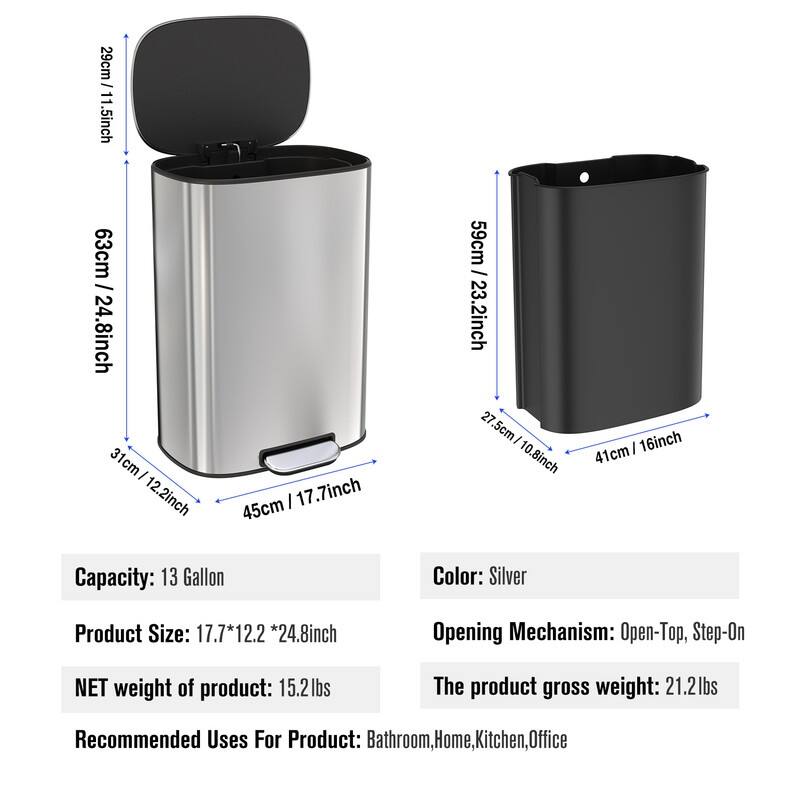 Black Grey 13 Gallon 50L Step-on Kitchen Trash Can with Soft Close for Home,Office