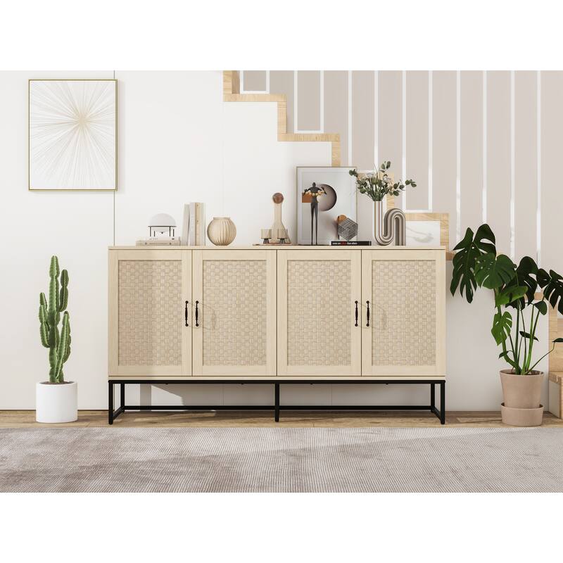 Engineered Rattan Buffet Accent Storage Cabinet 4-Door Sideboard with Adjustable Shelf, Cupboard Console Table Hallway Cabinet