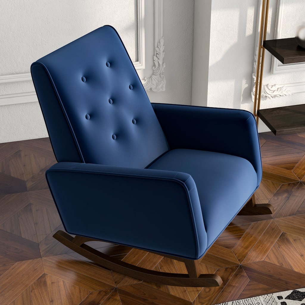 Upholstered Rocking Chair with Button Tufted, Glider Rocking Chair with Wooden Base, Lounge Armchair with High Back