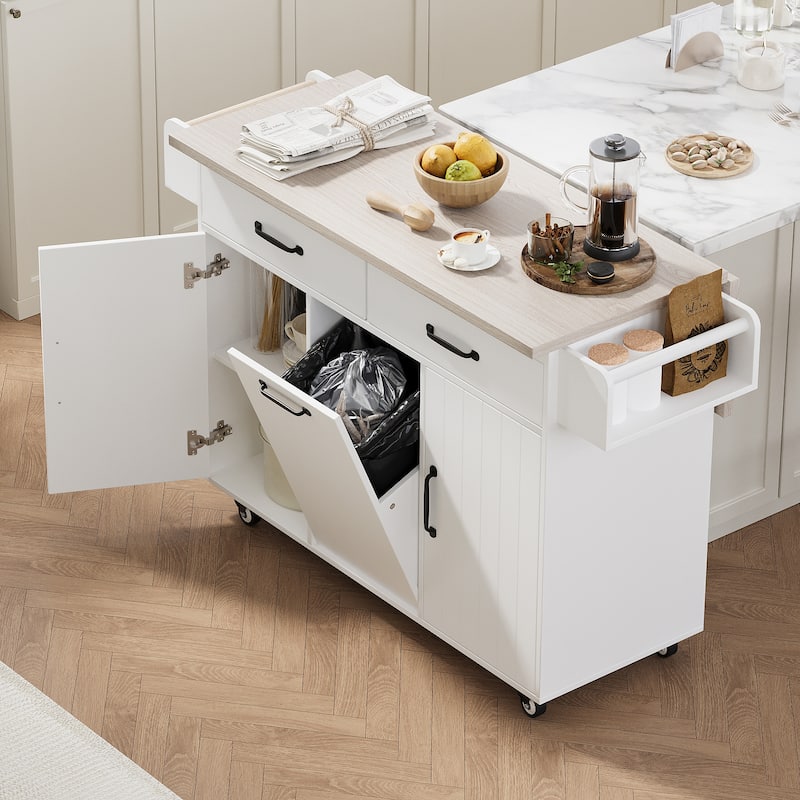 Rolling Kitchen Island with Trash Can Storage Cabinet, Kitchen Cart with Drop Leaf, Spice Rack, Towel Rack and Drawer - Ameican White Oak