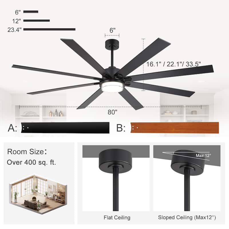 75"/80" Modern Matte Black Ceiling Fan with LED Light and Remote(8/10 Blades)