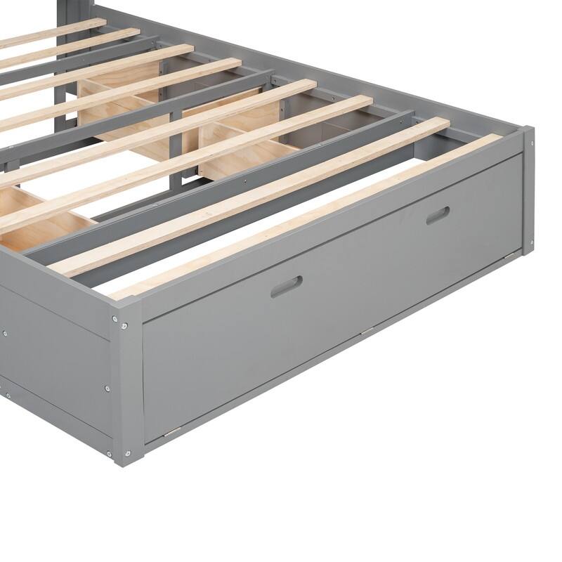 Queen Size Wood Platform Bed with Storage Headboard, Storage Shelves and 2 Drawers